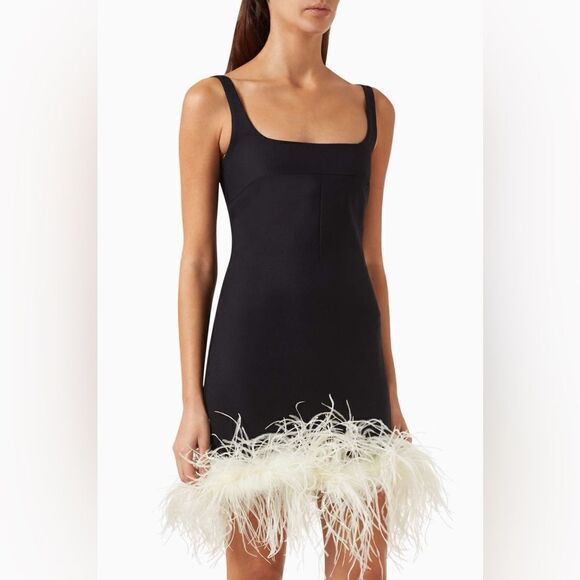 MANURÍ Rinna Ostrich Feather Trim Square Neck Dress Black White Revolve Small - Picture 1 of 9